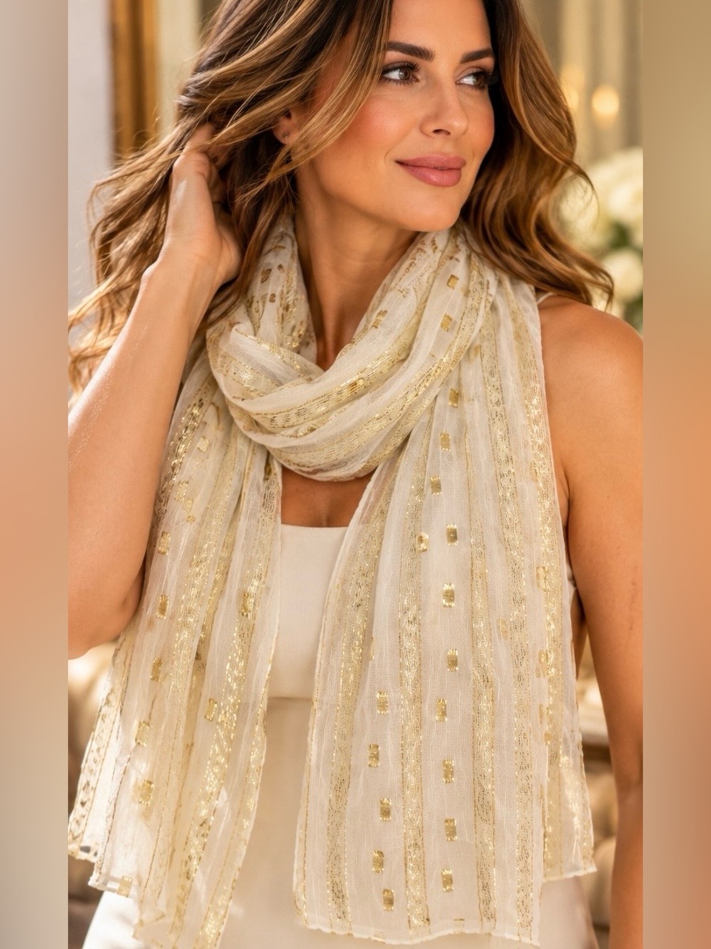 Vintage Jeffrey Lawrence Ivory Gold Metallic Sheer Scarf Made in India